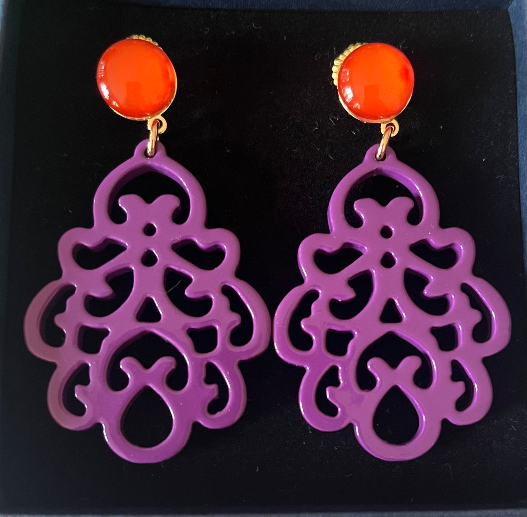 Hornohrringe -38- Laser Cut lila mit orangefarbigem Glasstein