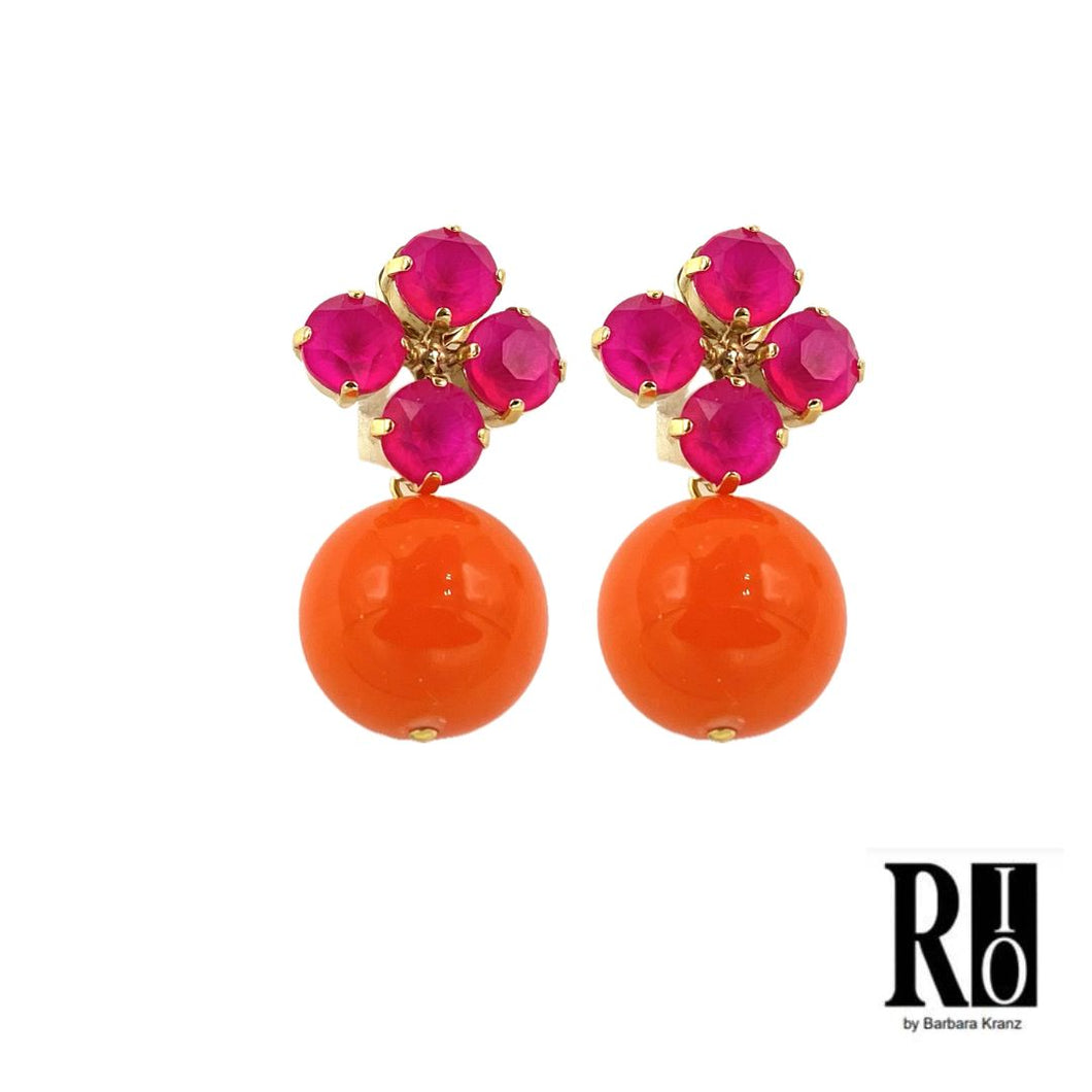 RIO Kugelohrringe orange mit Crystal-Stecker pink